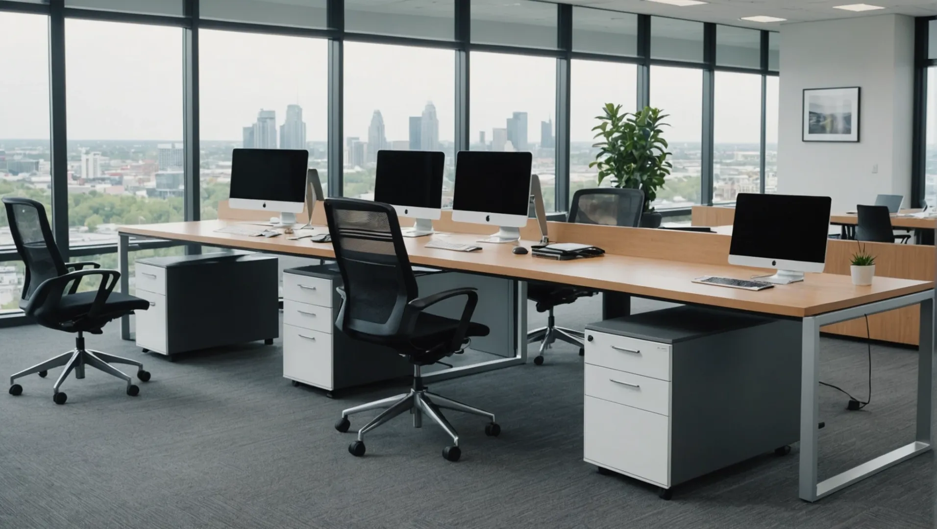 Moisture-resistant office furniture including desks and chairs in a modern office setting