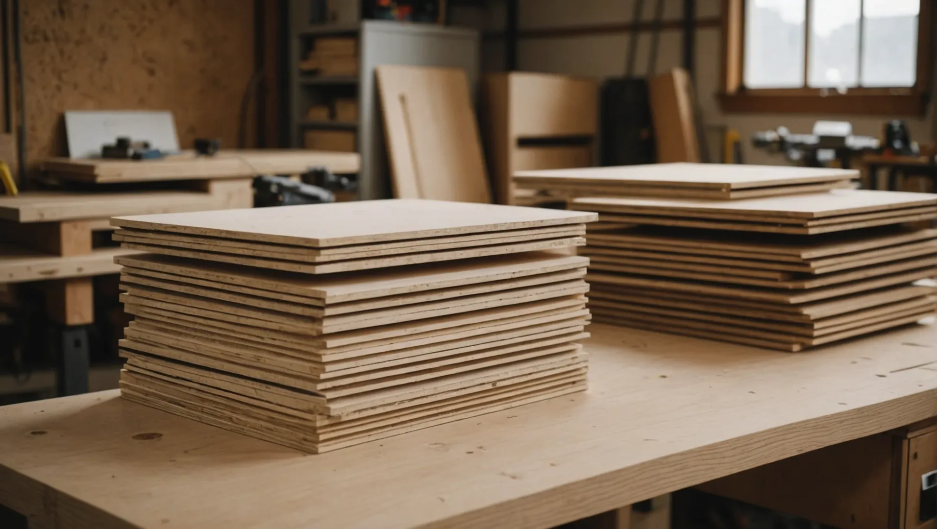 Different types of plywood sheets displayed in a workshop