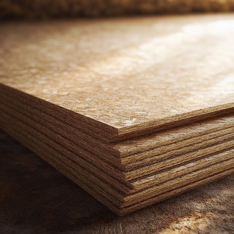 Close-up of particleboard material, showing its compressed wood chips and smooth laminated surface, commonly used in furniture and cabinetry.