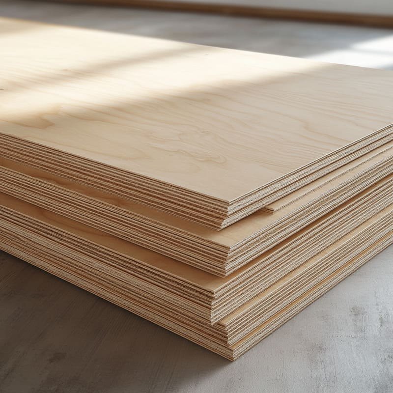 Stack of high-quality plywood sheets with smooth surfaces and visible layered edges, neatly arranged in a woodworking shop.