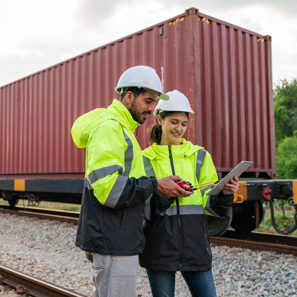 Workers loading wooden furniture into a railway container, securing items with straps and protective padding for safe transport.