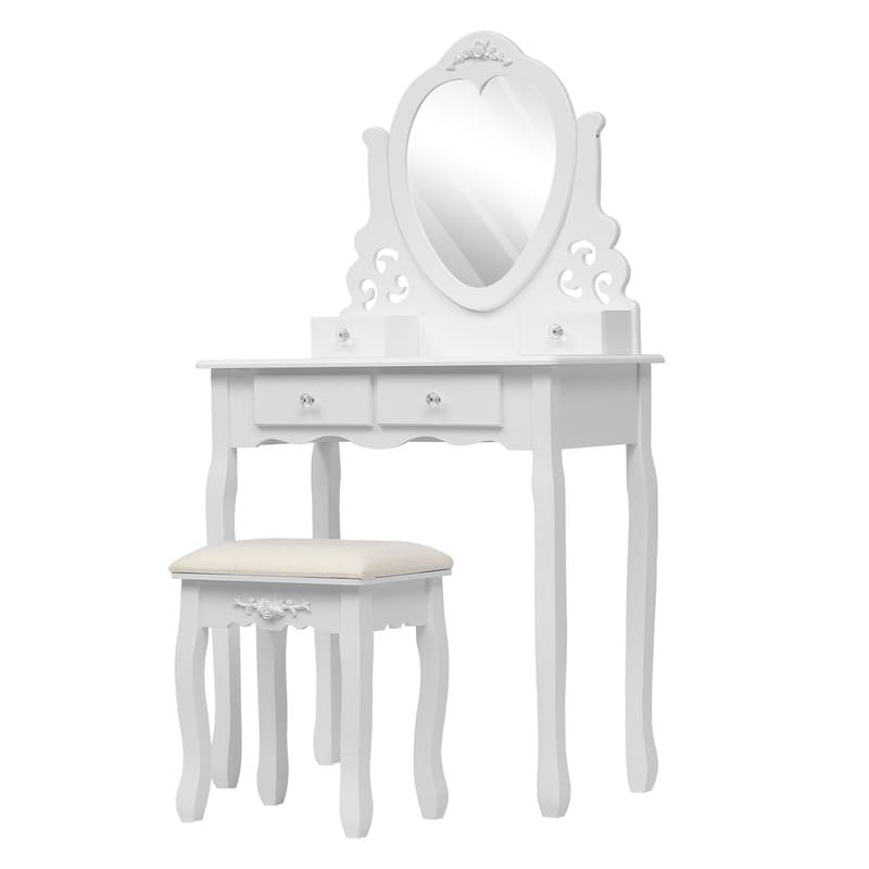 A stylish wooden dressing table with an attached mirror, featuring drawers for storage and a smooth, polished finish.