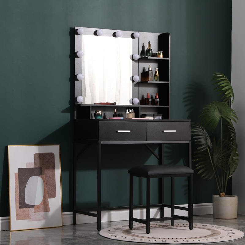 A stylish multi-functional dressing table featuring a cushioned stool with hidden storage, integrated drawers, and a built-in mirror for versatile use.