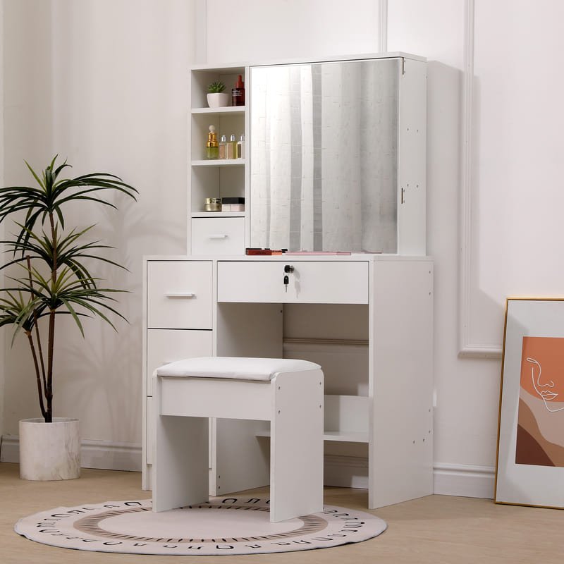 A modern wooden dressing table with a rotating mirror and built-in drawers, combining flexible functionality with sleek design.