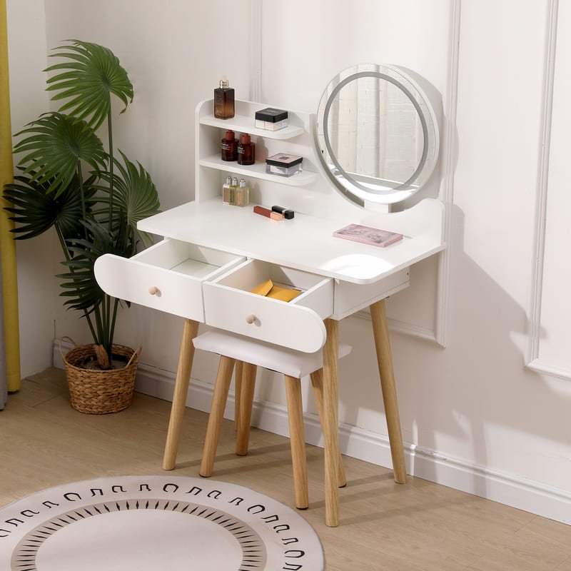 A functional wooden dressing table featuring multiple drawers for organized storage, paired with a mirror and a polished finish for everyday use.