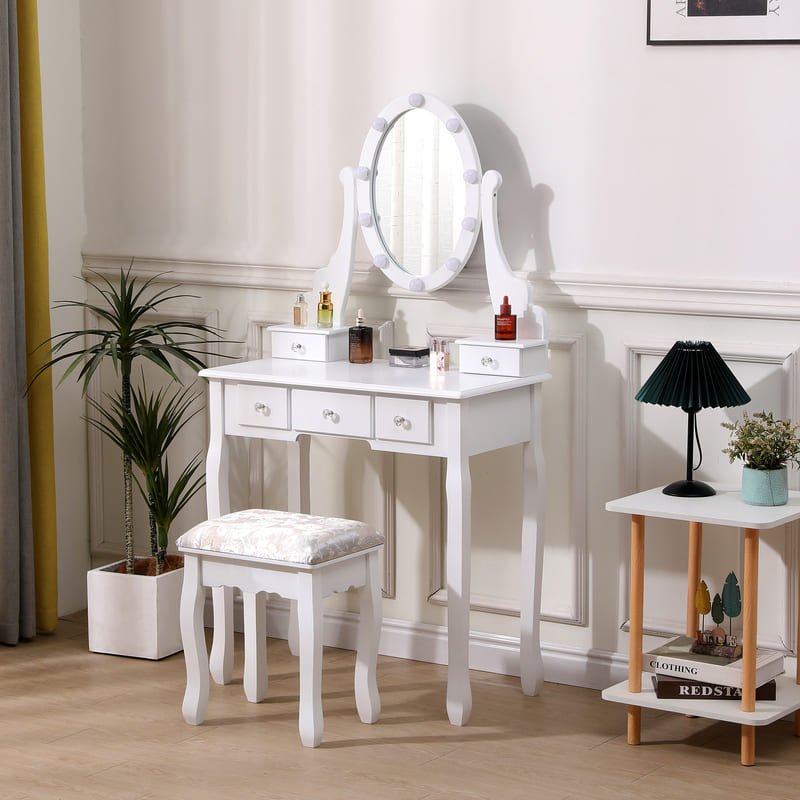 A modern wall-mounted dressing table with a mirror, sleek wooden surface, and built-in storage, saving space while enhancing style.