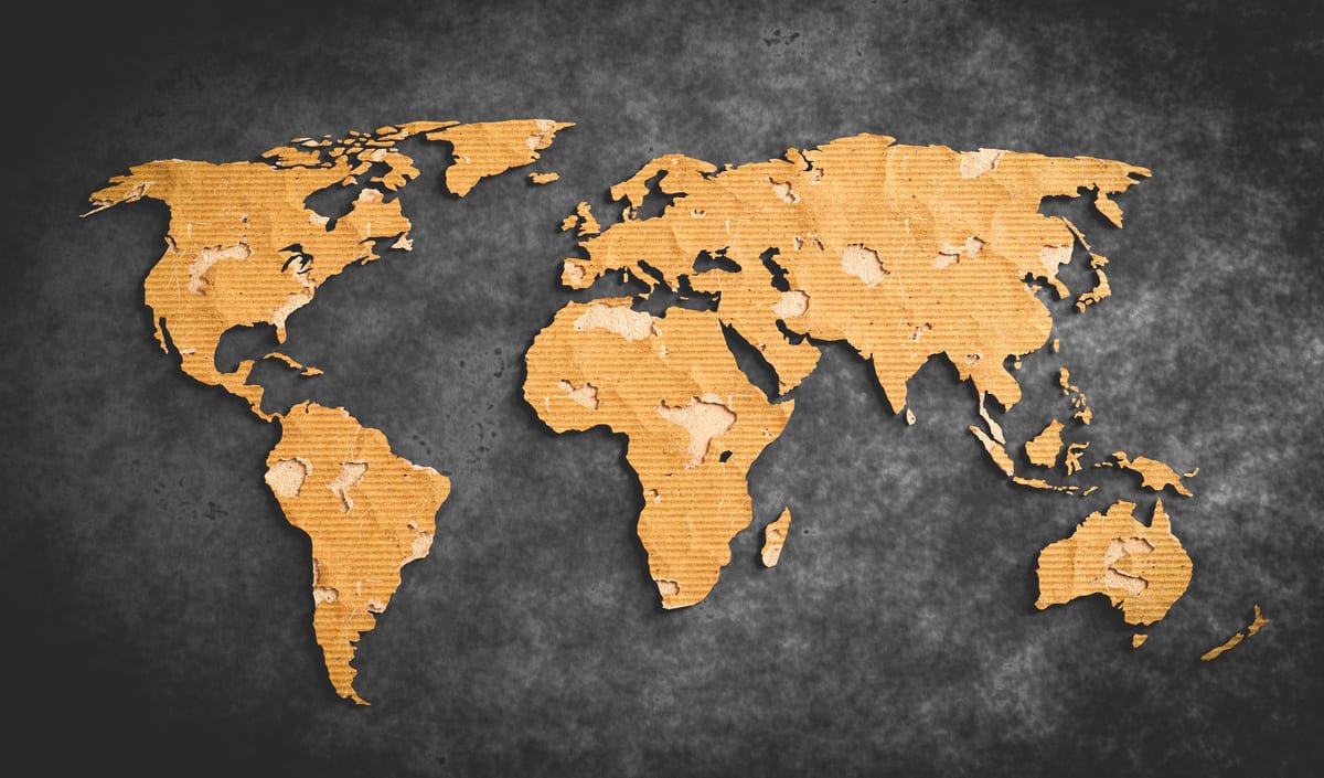 A detailed world map displaying continents, countries, and major geographical features with clear borders and labels.