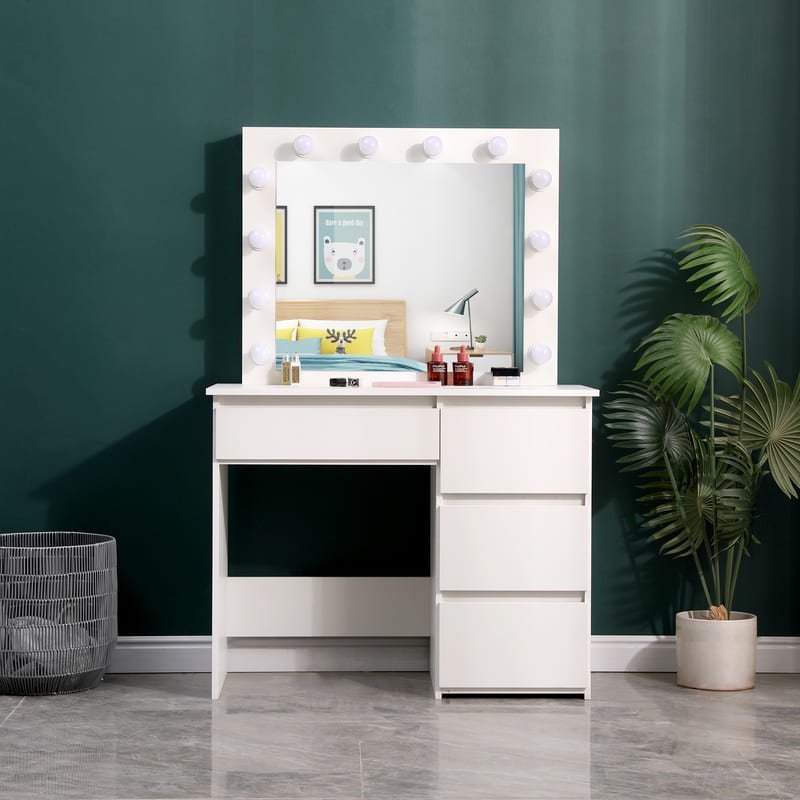 Modern white MDF dressing table with large mirror and 5 drawers for bedroom storage