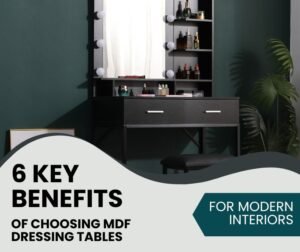 A showroom display of stylish MDF dressing tables in various designs, finishes, and colors, each featuring mirrors, drawers, and elegant detailing.