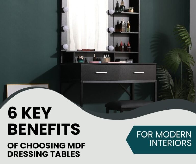 A showroom display of stylish MDF dressing tables in various designs, finishes, and colors, each featuring mirrors, drawers, and elegant detailing.