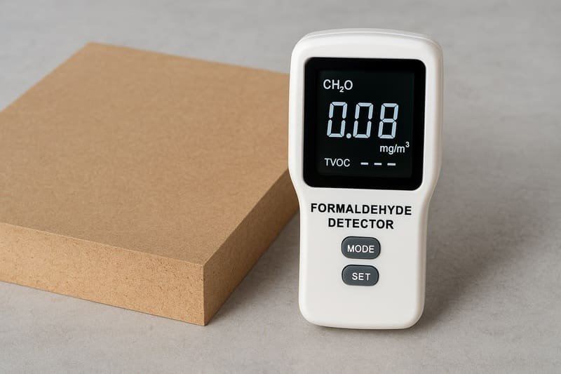 Low-formaldehyde MDF board with eco-certification label, showing safe indoor air quality standards for furniture materials.