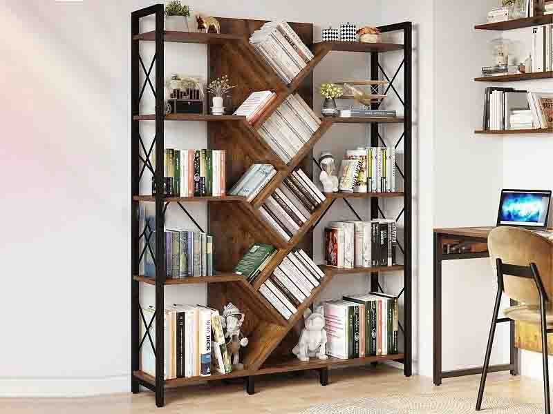 Modern white home office bookshelf with adjustable MDF shelves and cable management