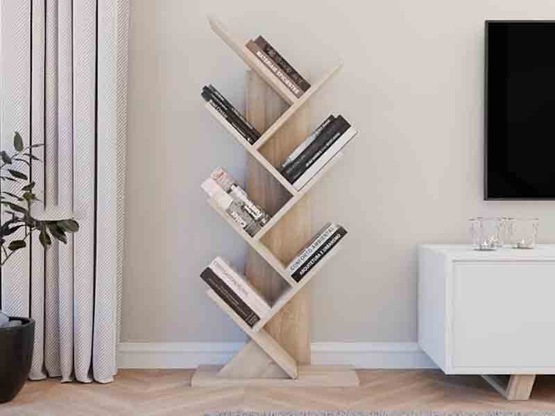 Eco-certified engineered wood panel bookcase with adjustable shelves in modern living room.