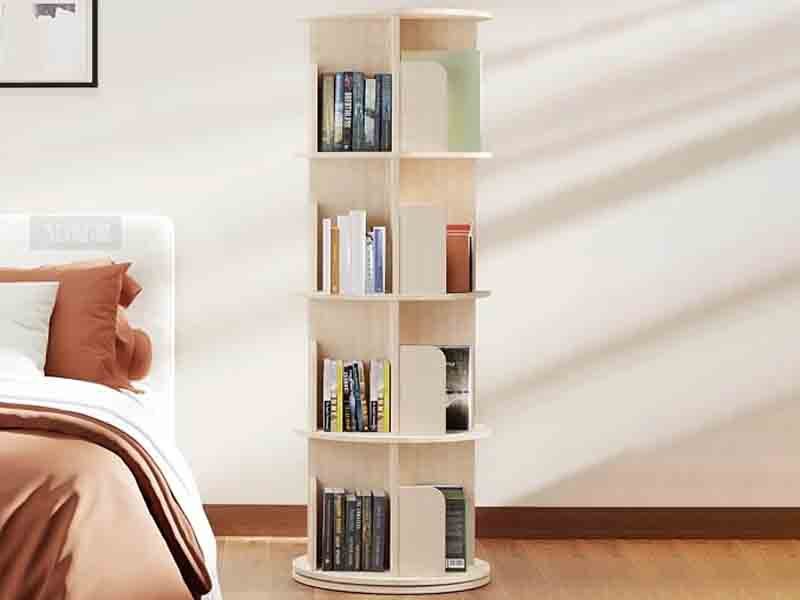 Modern engineered bookcase with flawless wood finish in living room, showcasing organized shelves.