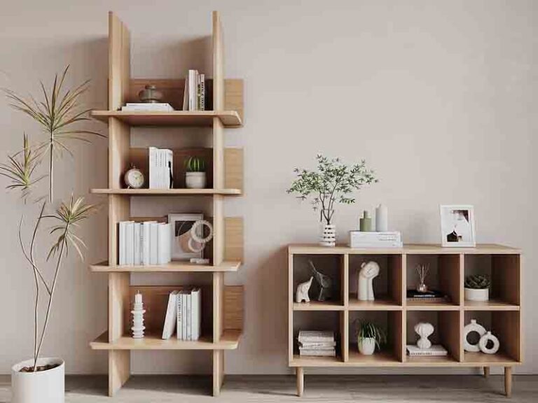 Modern engineered wood bookcases in living room, stylish storage display, durable wooden shelves.