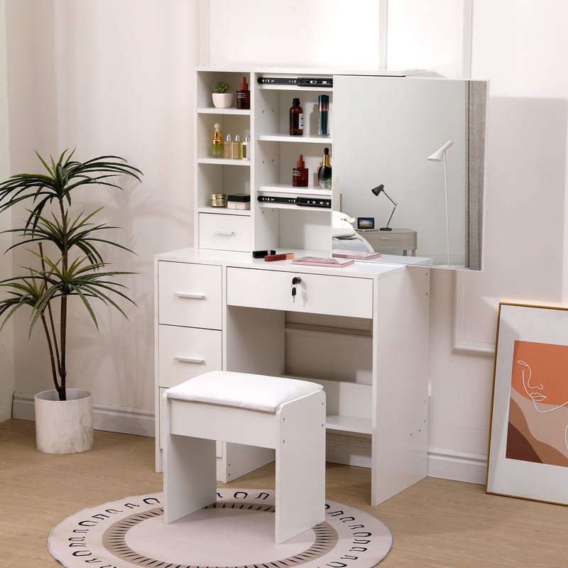 Modern MDF dressing table with mirror, drawers, and elegant finish for bedroom storage