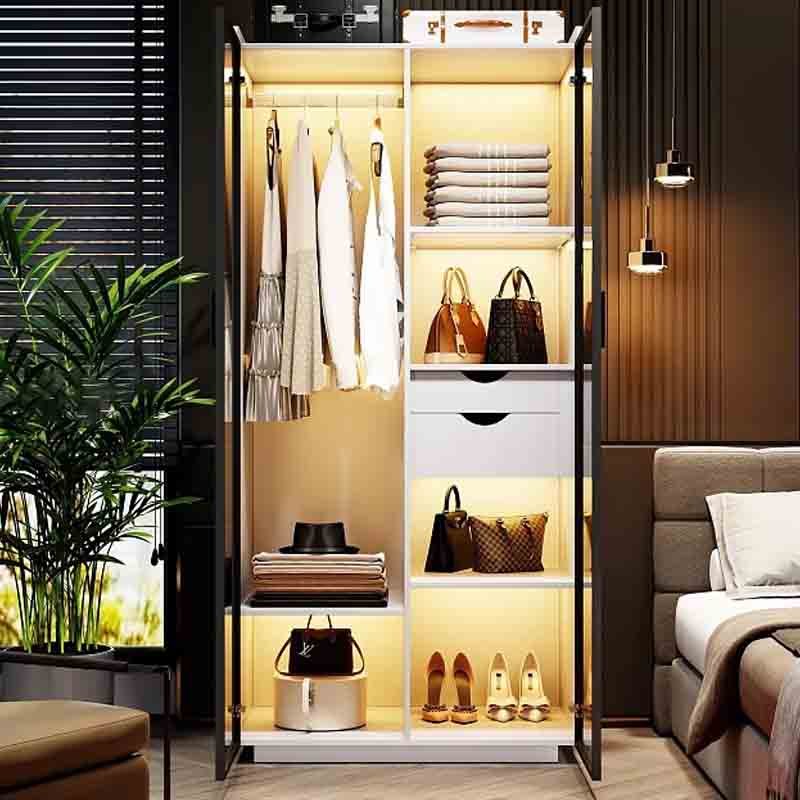 Modern MDF wardrobe with adjustable shelves and sliding doors in spacious bedroom, perfect for organized storage solutions.