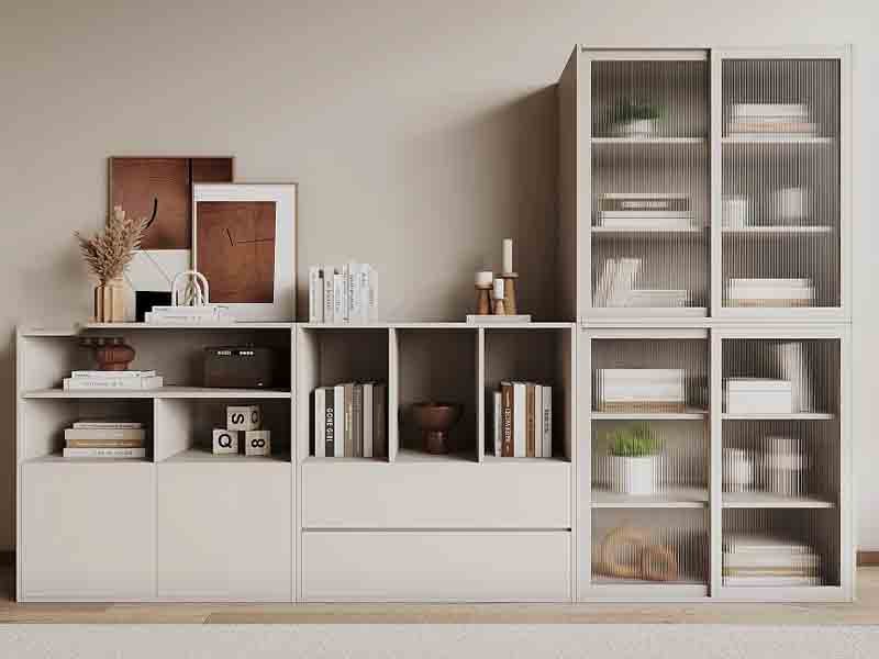 Modern engineered wood bookcase showcasing versatile storage design in a contemporary living room.