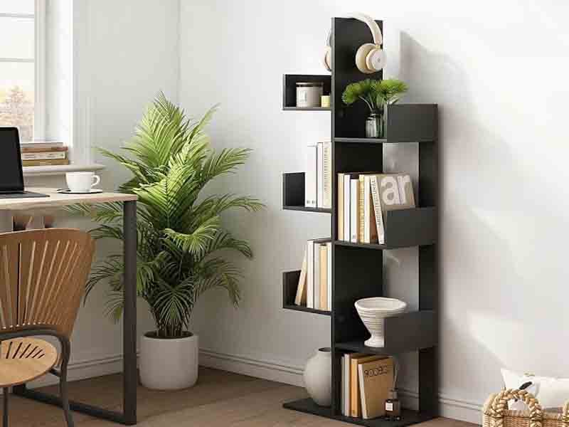Durable engineered wood bookcase displaying high load-bearing strength and sturdy shelf design.
