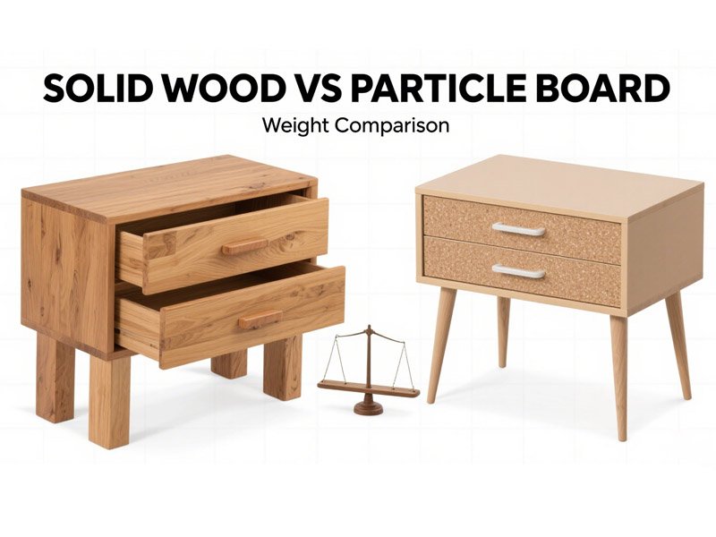 Solid wood furniture side-by-side with particle board, highlighting their weight differences for buyers