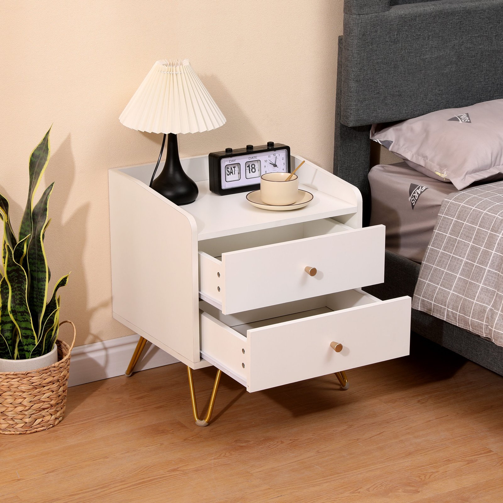 Modern bedroom with matching wooden nightstands beside bed for stylish storage and decor ideas.