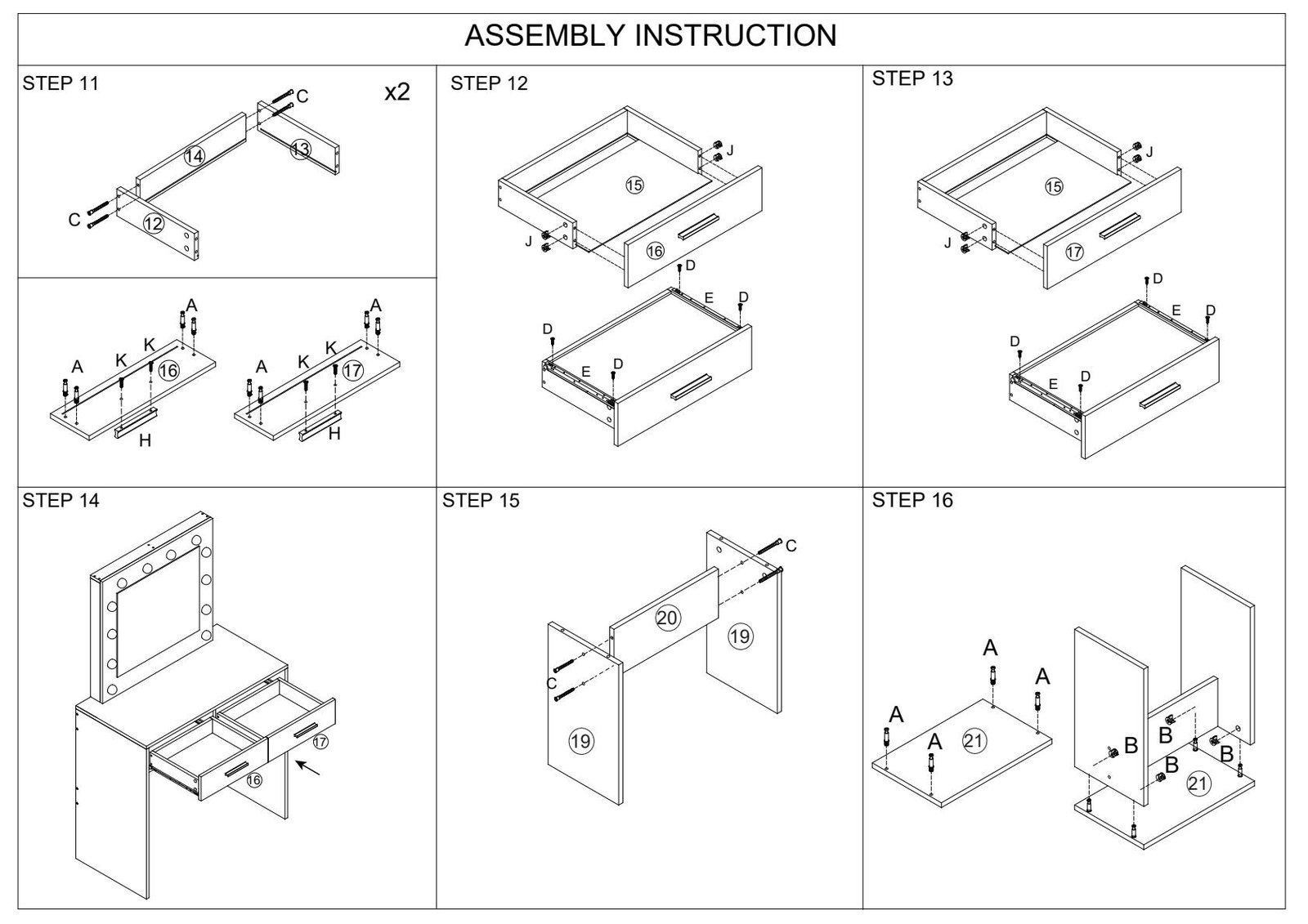 Step-by-step dressing table assembly instructions with labeled parts and clear visuals.