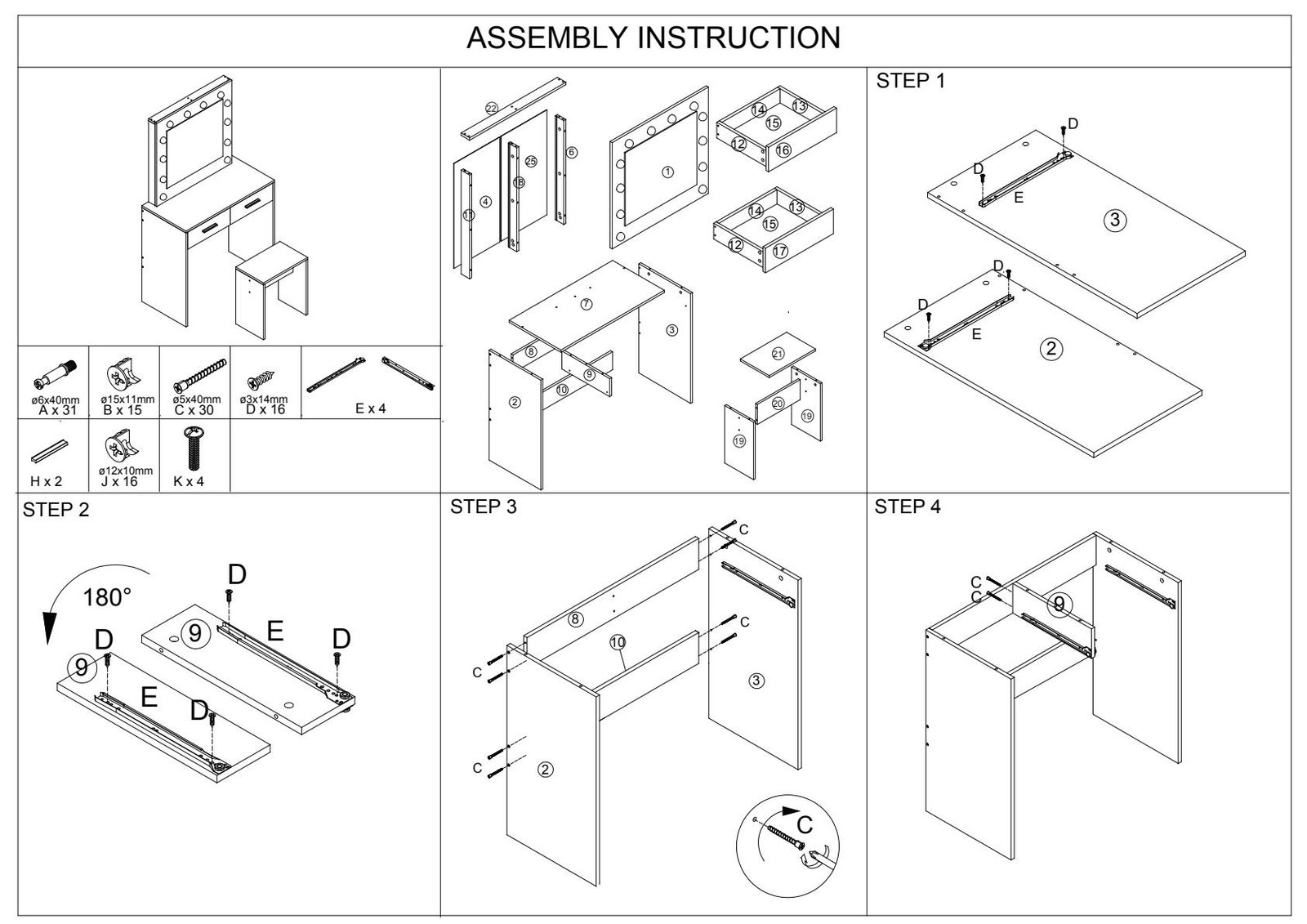 Person assembling a modern white dressing table with tools and instruction manual, organized workspace.