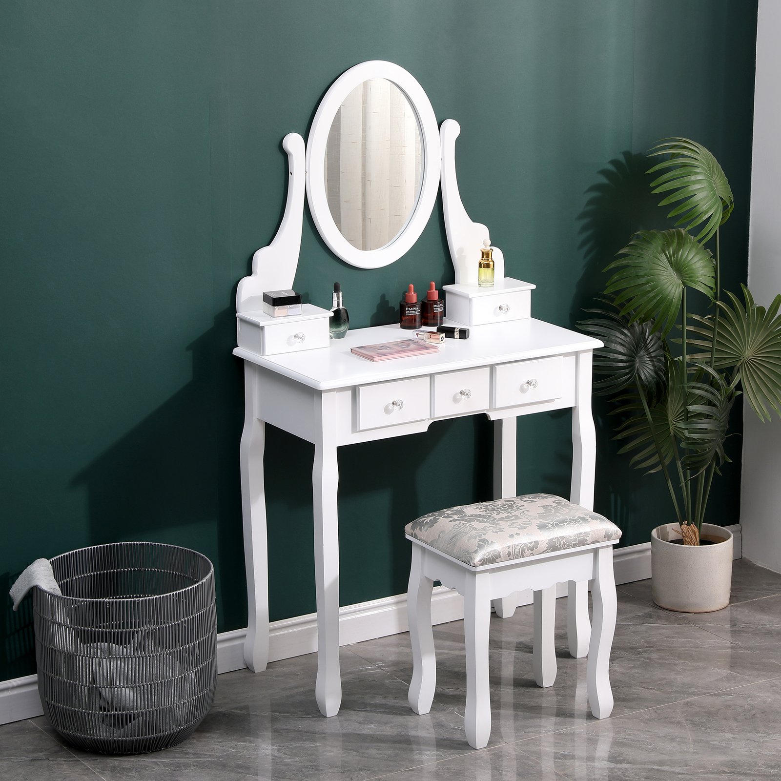 Modern wooden dressing table from top-rated supplier with mirror and storage drawers displayed in bright showroom