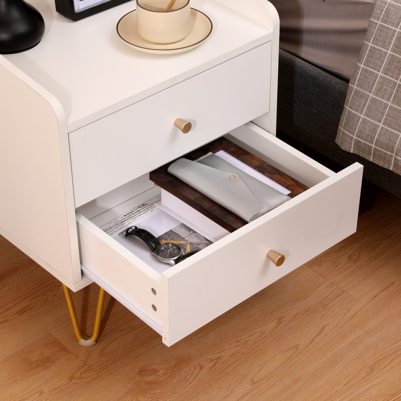Sleek modern bedside table with wood finish and minimalist drawer, perfect for contemporary bedrooms.