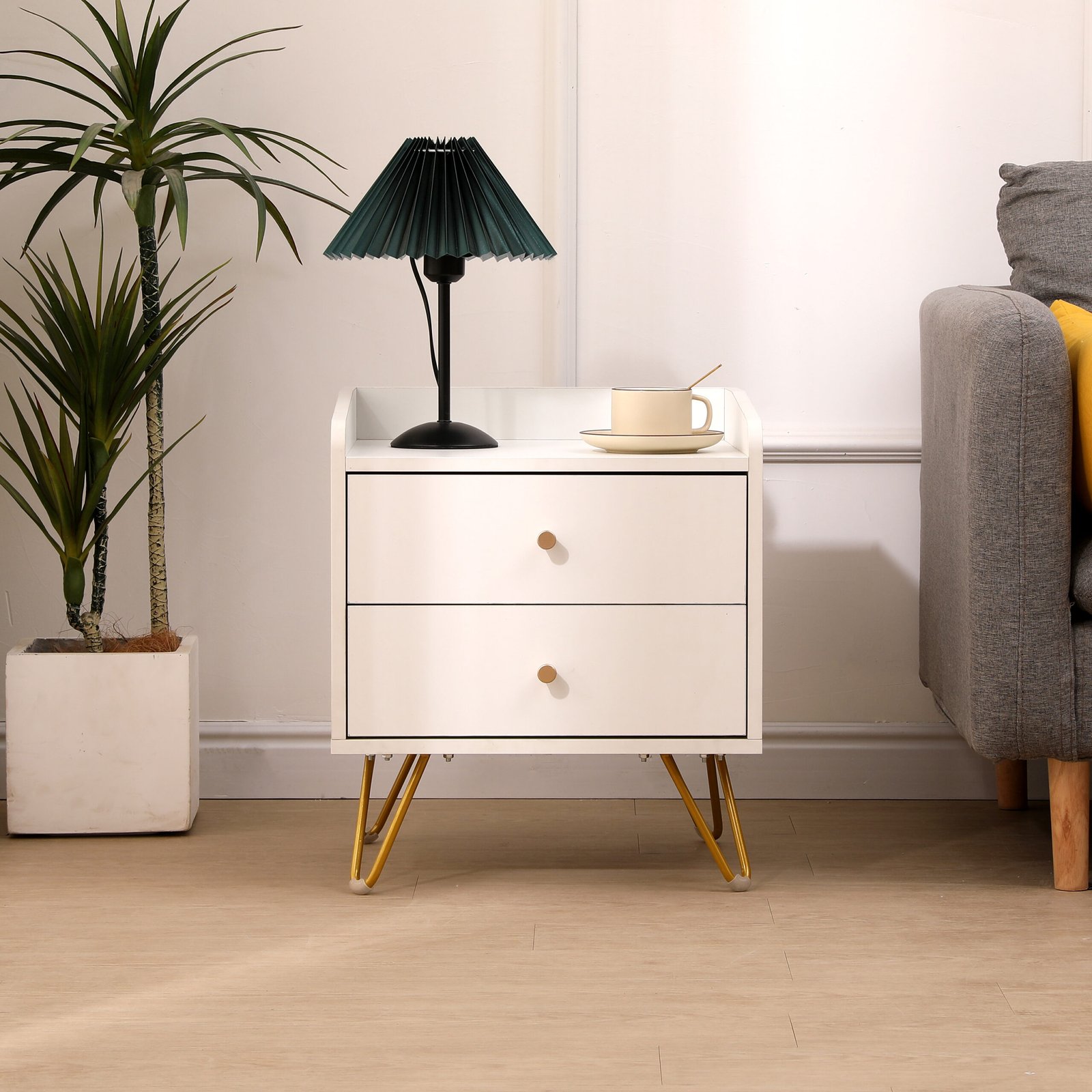 Pair of sleek modern nightstands with minimalist design and wooden finish in a contemporary bedroom.