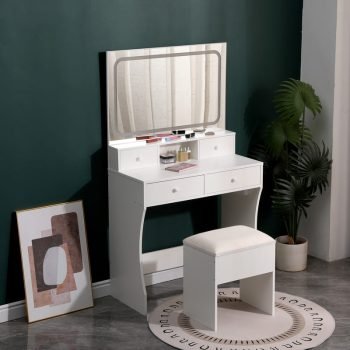 Modern MDF dressing table design with soft-close drawers, LED mirror, and sleek white finish for contemporary bedrooms.