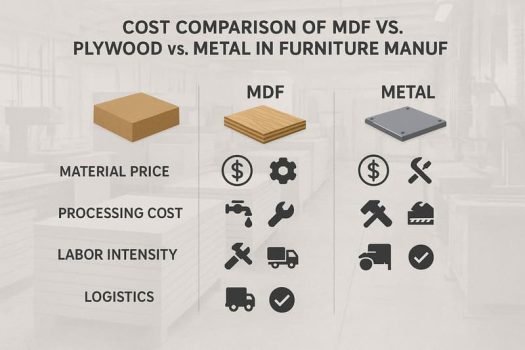 A side-by-side comparison chart showing different furniture materials—solid wood, MDF, particle board, plywood—with attributes like durability, cost, finish quality, and environmental impact.