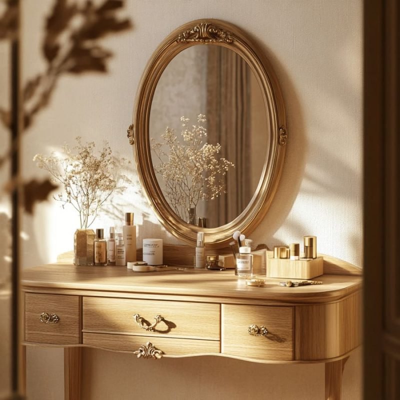 Elegant oak wood dressing table with a natural finish, featuring a built-in mirror, multiple drawers, and a smooth tabletop, placed in a stylish bedroom setting.
